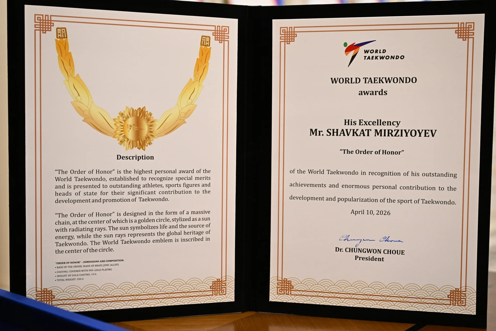 Шавкат Мирзиёев удостоен Ордена Славы таэквондо